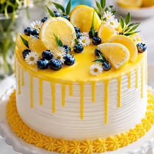 Pastel de limón con texturas, arándanos y flores