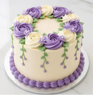 Pastel con rosas de crema en tonos púrpura y crema