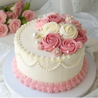 Pastel con rosas de crema rosadas y perlas